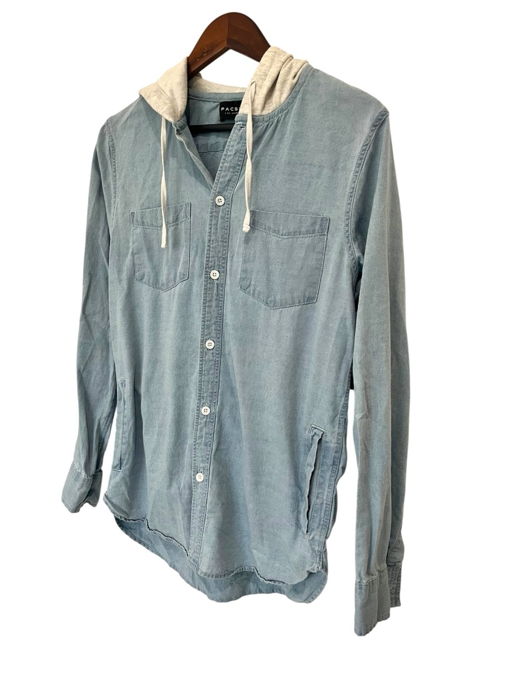PacSun Mens Light Blue Hooded Button-Up Shirt Sz Small Pockets Skater Grunge